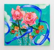 <p>Klodin Erb,&nbsp;<em>Flowers for Sale #15,</em> 2021, Acrylic, oil and spray paint on printed PVC tablecloth, 74 x 82 cm</p>
