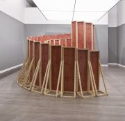 <p isrender="true">Cheng Ran, <em isrender="true">Circadian Rhythm</em>, 2013, edition of 3, mixed media installation (wooden partition walls, framed novel excerpts, oil painting, drawing, lamp, bar stool and table, lighting construction), reading room: 318 x 696 x 500 cm; lighting construction: 32 x 600 x 400 cm</p>
