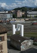 <p>Lang/Baumann, <em>Up#1</em>, 2014, steel, wood, paint, 10 x 4.6 x 4.6 m, installation view, sic! Raum f&uuml;r Kunst / Elephanthouse, Lucerne, Switzerland</p>
