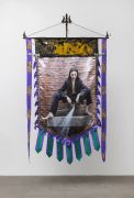 <p>Cao Yu, <em>Dragon Head - Shanhe Declaration</em>, 2024, embroidered satin antique battle flag, cast iron trident, leather rope, 286 x 161 cm (flag: 238 x 152 cm)</p>
