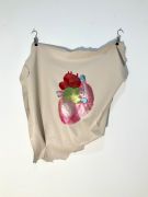 <p>Klodin Erb,&nbsp;<em>Herzkammer #4,</em> 2023 / 2024, Metallic acrylic paint and sewing thread on dyed lamb leather, two clothes hooks and clips, ca 90 x 70 cm</p>
