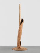 <p>Mirko Baselgia,&nbsp;<em>Transition,</em> 2025, Apple-wood trunk (charred, oiled) with apple-wood shingles; spruce trunk with Swiss stone pine shingles; spruce plywood base with apple-wood shingles, 305 x 110 x 110 cm</p>
