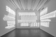 <p>Yang Mushi,&nbsp;<em>Distorting II,</em> 2020 - 2022, white neon tubes, transformers, left wall: 385 x 420 x 9 cm, middle wall: 390 x 520 x 9 cm, right wall: 380 x 485 x 9 cm,&nbsp; installation size variable</p>
