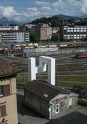 <p>Lang/Baumann, <em>Up#1</em>, 2014, steel, wood, paint, 10 x 4.6 x 4.6 m, installation view, sic! Raum f&uuml;r Kunst / Elephanthouse, Lucerne, Switzerland</p>
