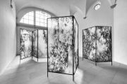 <p>Julia Steiner, <em>screening (present spaces)</em>, 2016 / 2017, gouache on silk, metal, installation with 5 folding screens, each 210 x 90 cm, photocredit: &copy; fxbrun.com</p>
