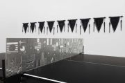 <p>Yang Mushi, <em>Ping Pong - Beijing Moment</em>, 2024, aluminum, table tennis table, table tennis bat, table tennis, stainless steel, pennant (22 sides), digital clock, 31 x 180.5 x 1 cm (net), 64 x 264 x 188 cm (table), 57 x 43 x 3.5 (pennant), 15 x 44 x 2 cm (digital clock), installation size variable, detail</p>
