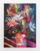 <p>Klodin Erb,&nbsp;<em>Flowers for Sale #11,</em> 2021, Acrylic, oil and spray paint on printed PVC tablecloth, 111 x 80 cm</p>
