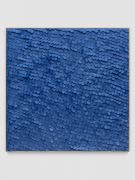 <p>Mirko Baselgia, <em>Blue Square</em>, 2020, paper sewn on linen with larch wood frame, 110 x 110 x 3.3 cm, photo: Stefan Altenburger</p>
