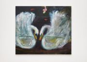<p>Rosalind Nashashibi, <em>Swans and Pots (slipper)</em>, 2024, oil and charcoal on linen, 130 x 150 cm</p>
