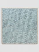<p>Mirko Baselgia, <em>Light Blue Square</em>, 2020, paper sewn on linen with larch wood frame, 110 x 110 x 3.3 cm, photo: Stefan Altenburger</p>
