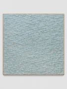 <p>Mirko Baselgia, <em>Light Blue Square</em>, 2020, paper sewn on linen with larch wood frame, 110 x 110 x 3.3 cm, photo: Stefan Altenburger</p>
