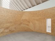 <p>Mirko Baselgia, <em>Bigger Landscape</em>, 2021, stone pine wood (Pinus cembra) on wood panels, 253 x 1570 cm; &oslash; 550 cm (interior: &oslash; 500 cm), photo by Stefan Altenburger</p>
