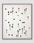 <p>Mirko Baselgia, <em>Drops</em>, 2020, drawing, ink out of the Coprinus Comatus on paper with walnut frame, 33 x 27.5 cm, photo: Stefan Altenburger</p>
