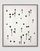 <p>Mirko Baselgia, <em>Drops</em>, 2020, drawing, ink out of the Coprinus Comatus on paper with walnut frame, 33 x 27.5 cm, photo: Stefan Altenburger</p>
