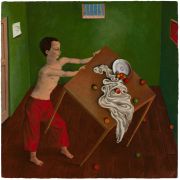 <p>Yan Bingqing, <em>掀桌</em>, 2020, tempera on board, 39 x 39 cm</p>
