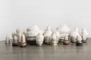 <p>Li Gang, <em>Desserts</em>, 2015, plaster, rebar, hair, discarded pot, variable dimensions, installation view</p>
