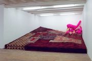 <p>Wiedemann/Mettler,&nbsp;<em>Gegenfelll,</em> 2010, polyurethane animal body, knit-wrapped, acrylic, wood construction, oriental rugs, 500 x 430 x 20 to 150 cm</p>
