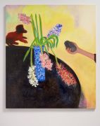 <p>Rosalind Nashashibi, <em>Red Dog, Hand with Stone</em>, 2025, oil on linen, 150 x 130 x 3 cm</p>

