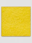 <p>Mirko Baselgia, <em>Yellow Square</em>, 2020, paper sewn on linen with larch wood frame, 110 x 110 x 3.3 cm, photo: Stefan Altenburger</p>
