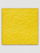 <p>Mirko Baselgia, <em>Yellow Square</em>, 2020, paper sewn on linen with larch wood frame, 110 x 110 x 3.3 cm, photo: Stefan Altenburger</p>
