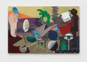 <p>Miao Miao,&nbsp;<em>When the orange ball jumped from the light blue ellipse to the dark blue sphere, it immediately bounced up to a height of 5 cm, and the electronic clock just arrived at 18:32. The sky suddenly tore apart and the red sun set slowly,</em> 2022, mixed media on canvas, 150 x 230 cm</p>
