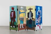 <p>Miao Miao, <em>Buying Vegetable, Buying Meat</em>, 2025, acrylic, pencil, pigments, wood, metal hinge, 4 connected panels, size of each panel: 155 x 60 x 4.3 cm, unfolded dimension: 155 x 240 cm (approx.)</p>

