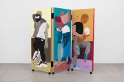 <p>Miao Miao,&nbsp;<em>Everyman,</em> 2023, acrylic, pencil, pigments, wood, metal hinges, 3 connected panels, size of each panel: 155 x 60 x 4.3 cm, unfolded dimension: 155 x 180 cm (approx.)</p>
