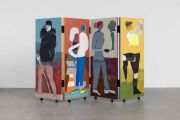 <p>Miao Miao, <em>Security Guards and Cleaners</em>, 2025, acrylic, pigments, wooden panels, metal hinges, 4 connected panels, size of each panel: 155 x 60 x 4.3 cm, unfolded dimension: 155 x 240 cm (approx.), back side</p>
