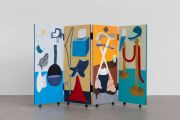 <p>Miao Miao, <em>Security Guards and Cleaners</em>, 2025, acrylic, pigments, wooden panels, metal hinges, 4 connected panels, size of each panel: 155 x 60 x 4.3 cm, unfolded dimension: 155 x 240 cm (approx.)</p>
