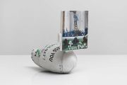 <p>Miao Miao, <em>Snowball Fight</em>, 2023, acrylic on wood, iPad stand, steel wire, plastic, foaming powder, fabric, 20 x 20 cm (painting), 23 x 30 x 22 cm (sculpture), 37 x 30 x 22 cm (total)</p>
