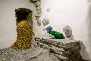 <p>Exhibition View of <em>Minestrone</em>, 2021, Ardez, Switzerland (Hu Qingyan, <em>Mountain of Gold,</em>&nbsp;2012; Tobias Rehberger, <em>Cao Yu</em>, 2019)</p>
