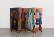 <p>Miao Miao,&nbsp;<em>Coal, basket, pearl, orange,</em> 2023, acrylic, pencil, pigments, wood, metal hinges, 4 connected panels, size of each panel: 155 x 60 x 4.3 cm, unfolded dimension: 155 x 240 cm (approx.)</p>
