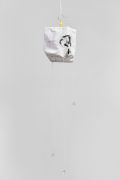 <p>Tobias Kaspar, <em>Art and Life</em>, 2019, birdcage, cotton cover, acrylic paint, ink, 32 x 23 x 17 cm (birdcage), overall: 148 x 25 x 19 cm</p>
