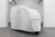 <p>Tobias Kaspar, <em>Delivery</em>, 2019, electric tricycle with cover, cotton, rope, acrylic, 198 x 306 x 110 cm</p>
