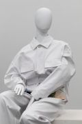 <p>Tobias Kaspar, <em>Extras </em>(detail), 2019, mannequins with different material, Tobias Kaspar x FFixxed Studios uniforms, a wooden bench, painted white, 40 x 40 x 200 cm (bench); mannequins: 180 cm (standing); 130 cm (seating)</p>
