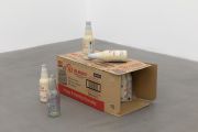 <p>Tobias Kaspar, <em>Soymilk</em>, 2019, 1 vita milk card board box, 3 bronze sculptures with oil paint, 40 x 17 x 15 cm (installation dimension)</p>
