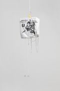 <p>Tobias Kaspar, <em>U</em>, 2019, birdcage, cotton cover, acrylic paint, ink, 37 x 30 x 20 cm (birdcage), overall: 118 x 32 x 22 cm</p>

