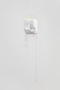 <p>Tobias Kaspar, <em>YSL</em>, 2019, birdcage, cotton cover, acrylic paint, ink, 32 x 23 x 17 cm (birdcage), overall : 142 x 25 x 19 cm</p>
