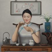 <p>王兴伟，《中国茶艺》，2021，布面油画，100 x 100 cm</p>
